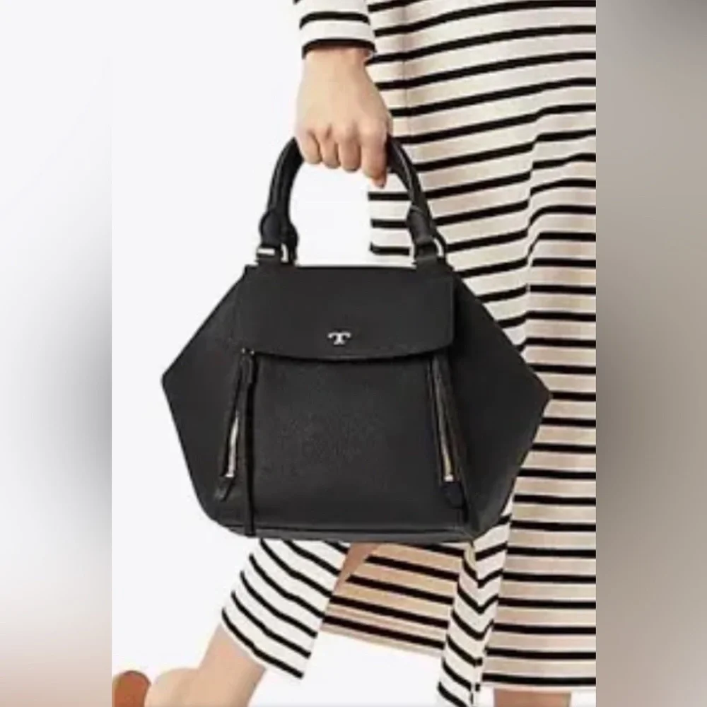 TORY BURCH Half-Moon Leather Satchel Tote Purse Handbag‎ Black Leather